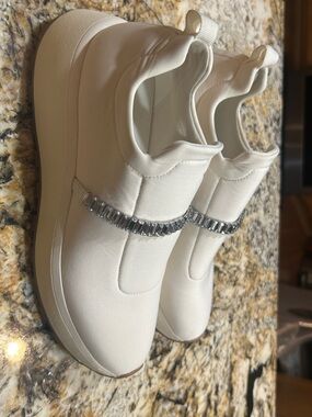 Women’s White Slip-On Platform Sneakers with Crystal Accent